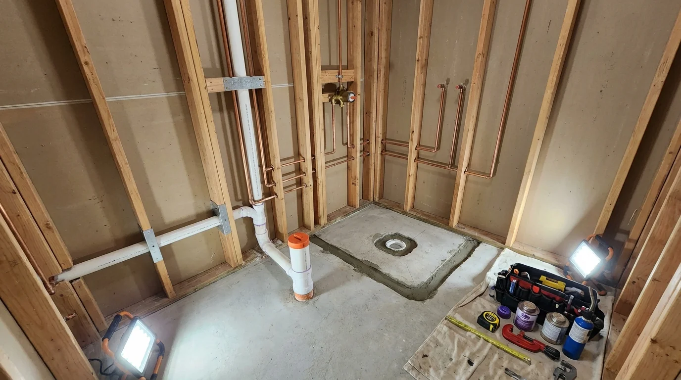 Bathroom rough-in plumbing during remodel by Johns Plumbing LLC in Sharon Hill