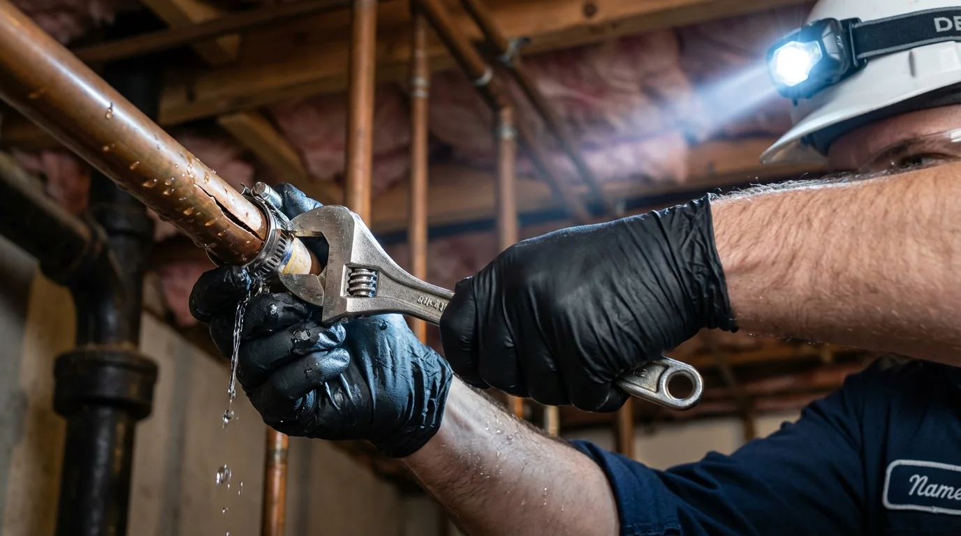 Emergency pipe clamp repair being performed by a Johns Plumbing LLC plumber in Sharon Hill