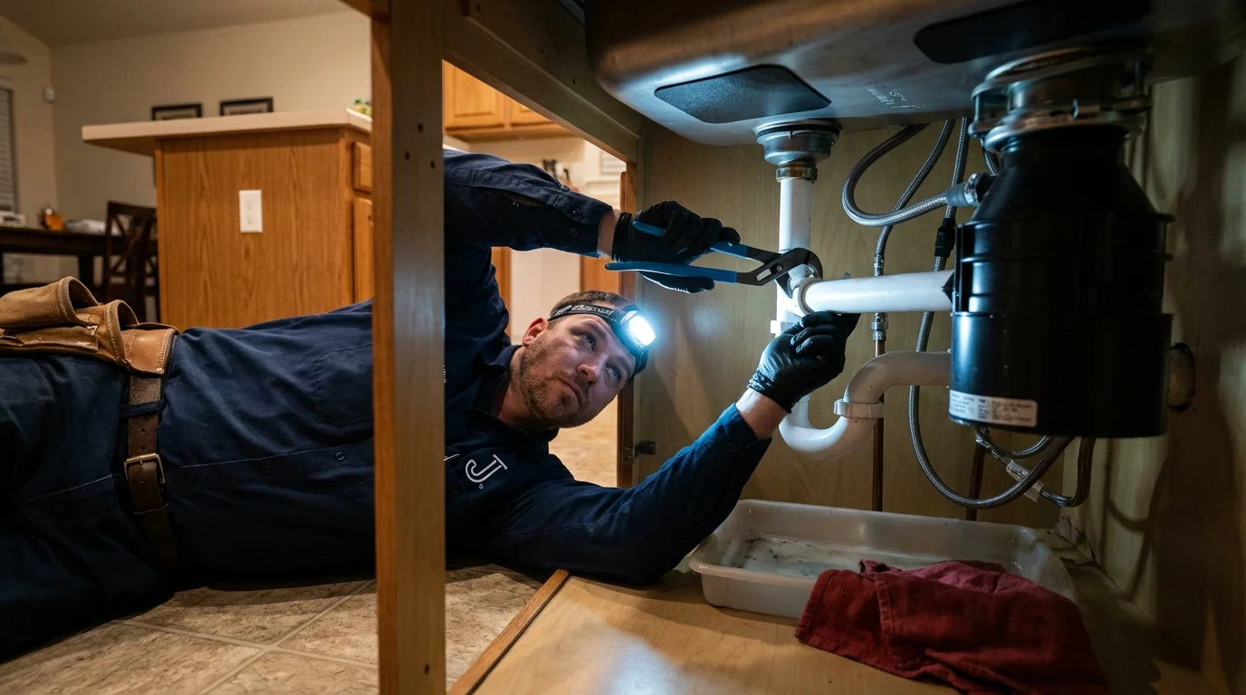 P-trap and supply line connections under a kitchen sink showing a common leak point in Sharon Hill, PA